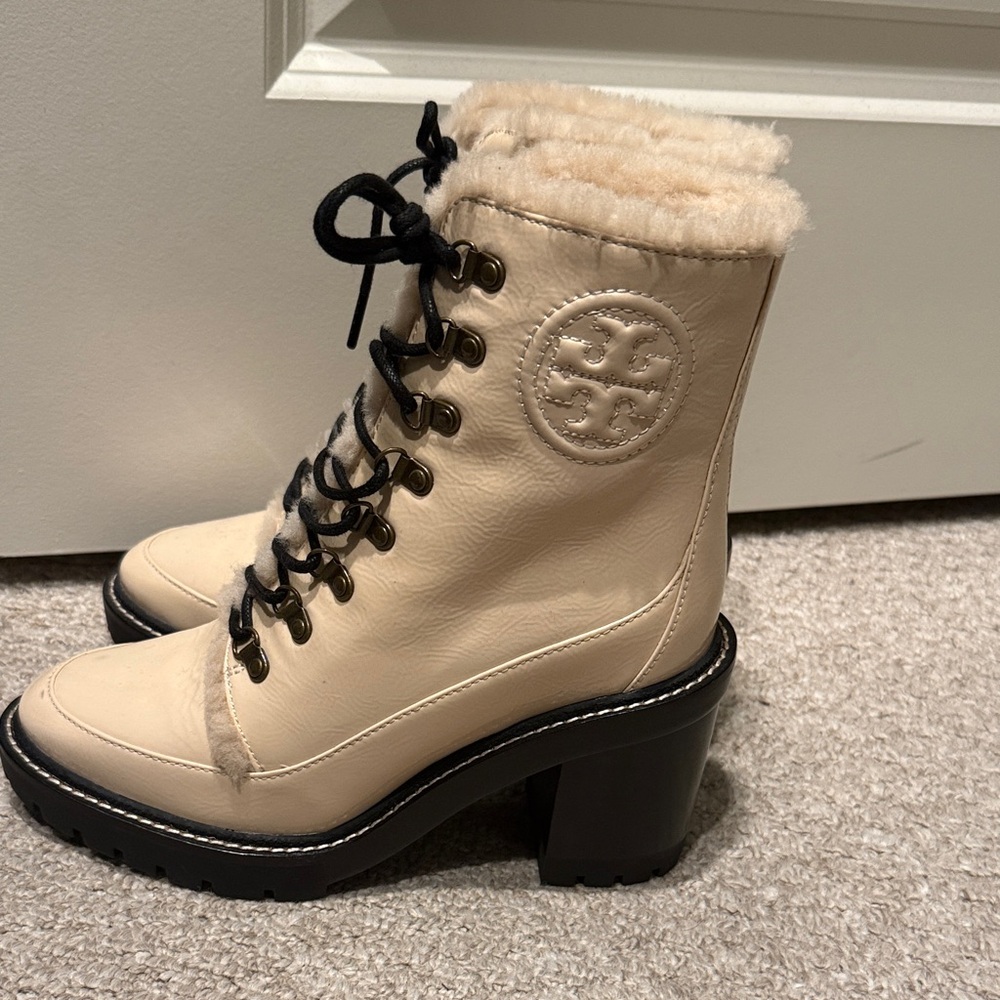 Tory Burch Beige Lace-Up Boots with Black Accents